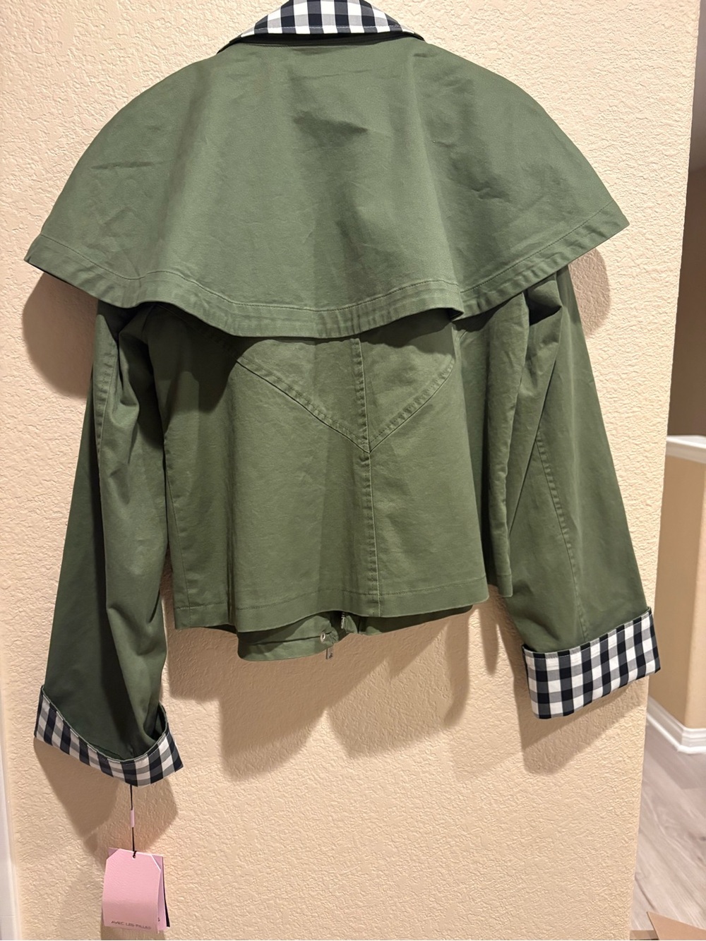 Avec Les Filles Olive Green Cape-Collar Jacket with Black & White Gingham Trim - Picture 4 of 6